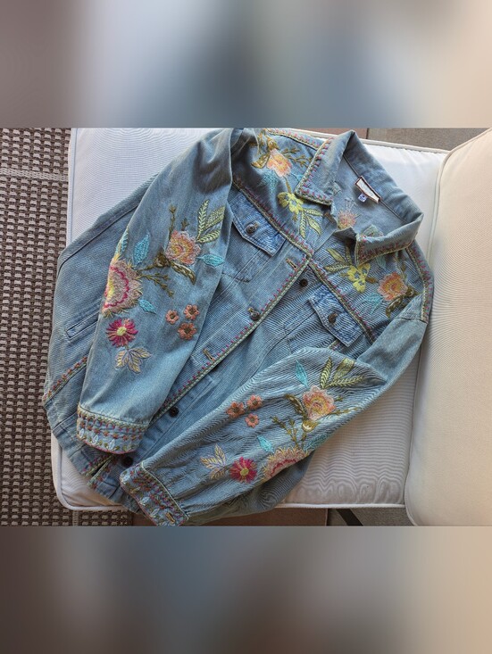 Johnny Was Jackets & Blazers - Johnny Was Embroidered Light Blue Denim Jacket with Floral Detail